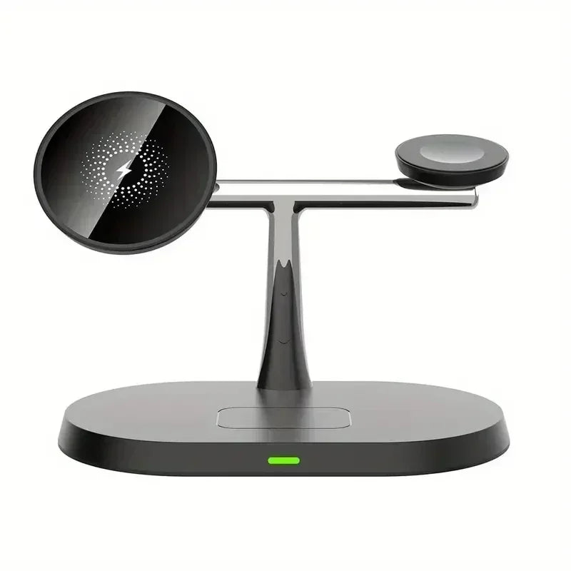 A black magnetic wireless charging station with a circular charging pad and a stand.