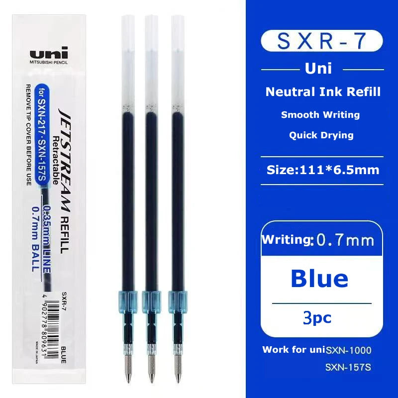 Set of three blue Uni Ink Refill pens for smooth writing and quick drying