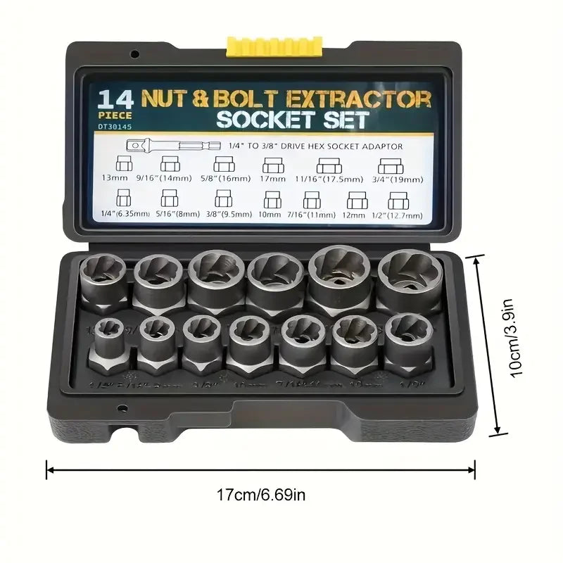 A black tool case containing a 14-piece nut and bolt extractor socket set with various sizes.