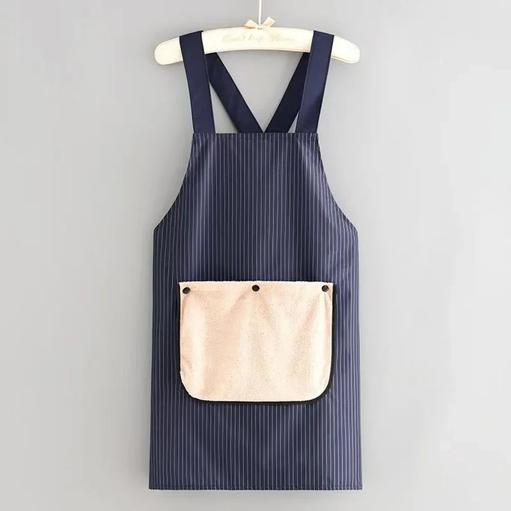 Navy striped kitchen apron with a removable beige towel and dark blue straps