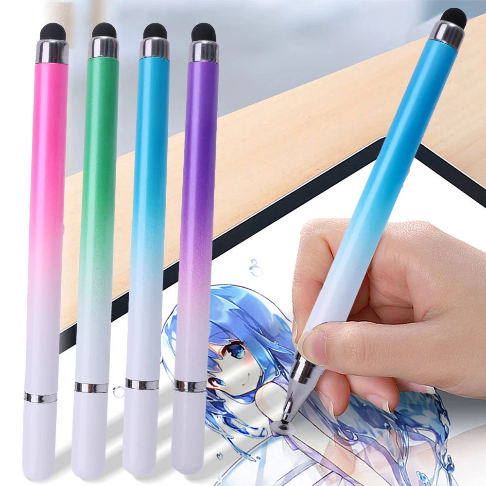 A hand holds a blue stylus pen next to several colorful pens, demonstrating the 2-in-1 universal stylus for touchscreen devic