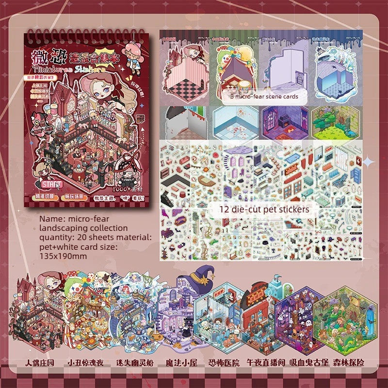 A box of 12 die-cut pet stickers featuring various landscapes and themed cards for scrapbooking.