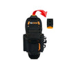 A black tool pouch for electricians with multiple pockets and a red pull tab.