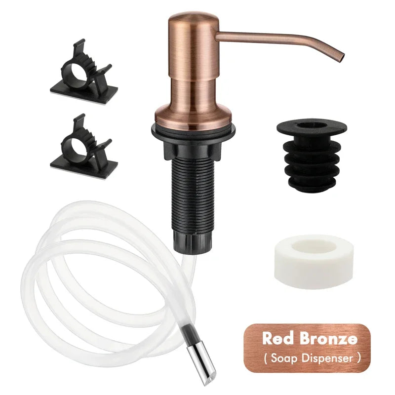 A stainless steel liquid soap dispenser with an extension tube and various components shown.