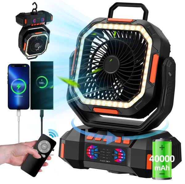 Ventilateur de Camping Portable avec Batterie Externe et Lumière LED