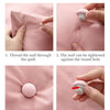 Instructions showing how to thread and install anti-slip quilt clips on a pink bedsheet.
