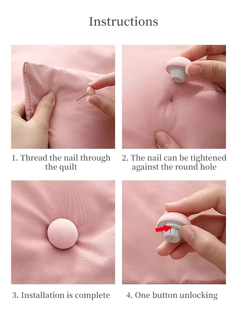 Instructions showing how to thread and install anti-slip quilt clips on a pink bedsheet.