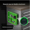 A green magnetic base for flexible attachment showing a storage box with various screws and hardware.