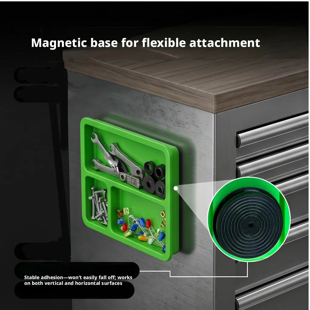 A green magnetic base for flexible attachment showing a storage box with various screws and hardware.