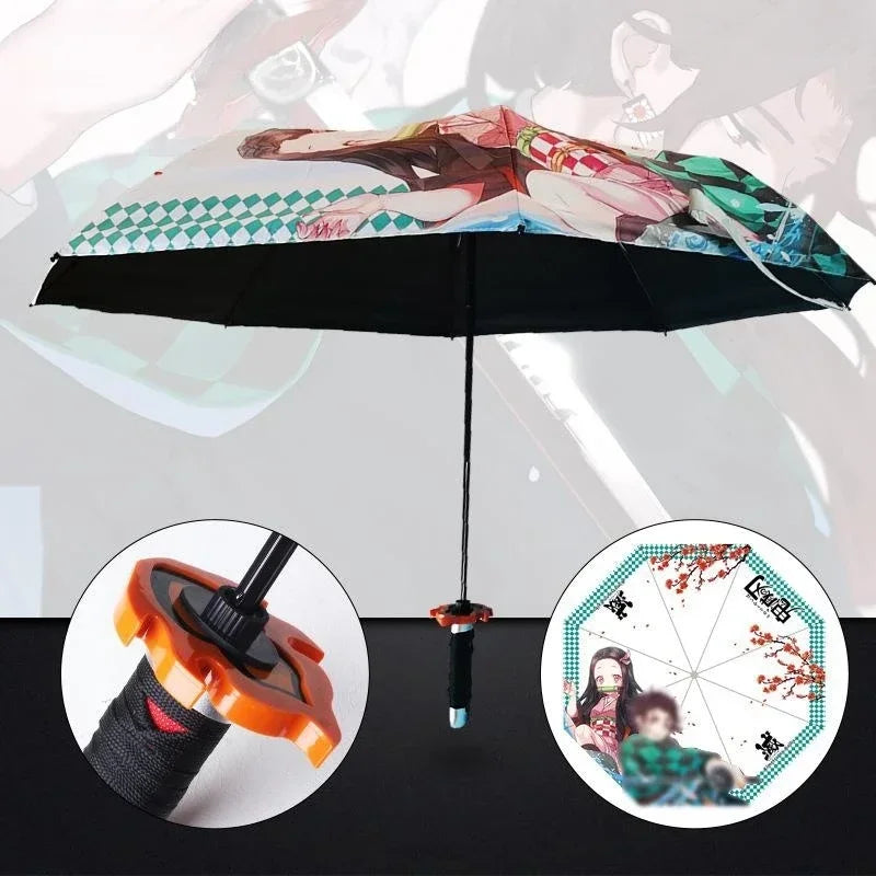 Folding umbrella featuring a Demon Slayer Kokushibo Katana design with intricate patterns.