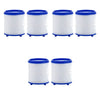 White rotating kitchen faucet water filter with a blue splash guard.