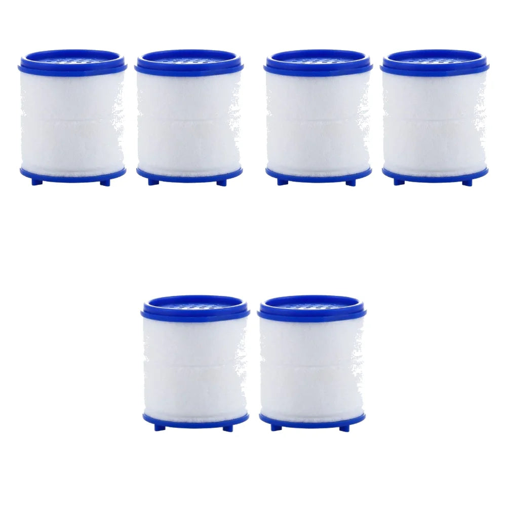 White rotating kitchen faucet water filter with a blue splash guard.