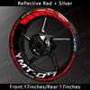 Reflective red and silver decals for an MT-07 motorcycle wheel rim.