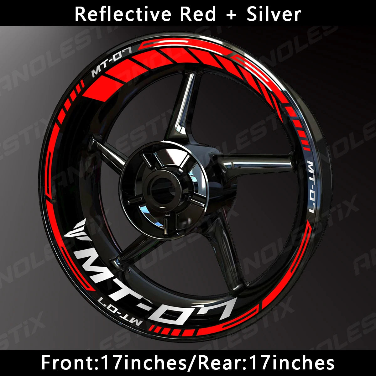 Reflective red and silver decals for an MT-07 motorcycle wheel rim.