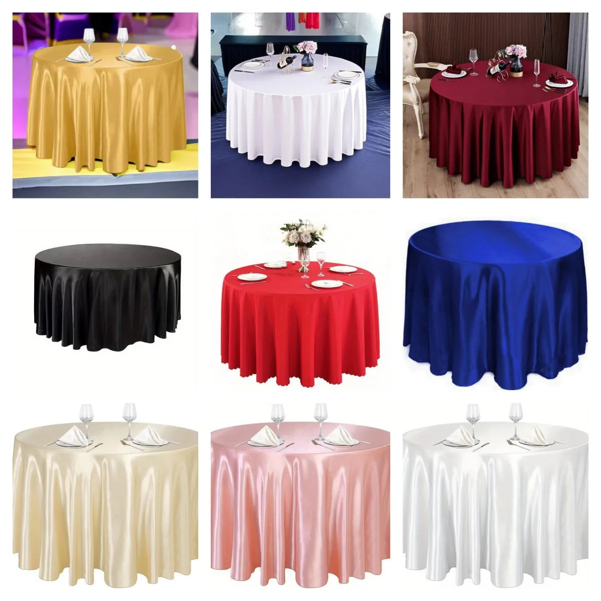A collection of round satin tablecloths in various colors including gold, white, black, red, and blue.
