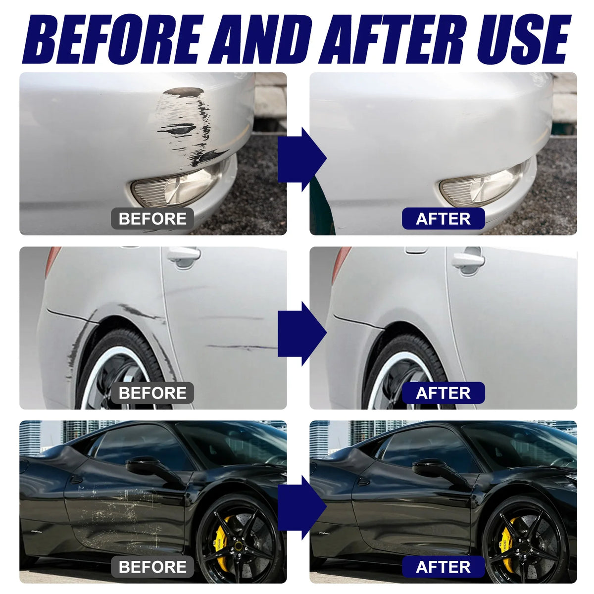 Before and after images showing car scratch removal and paint repair results.