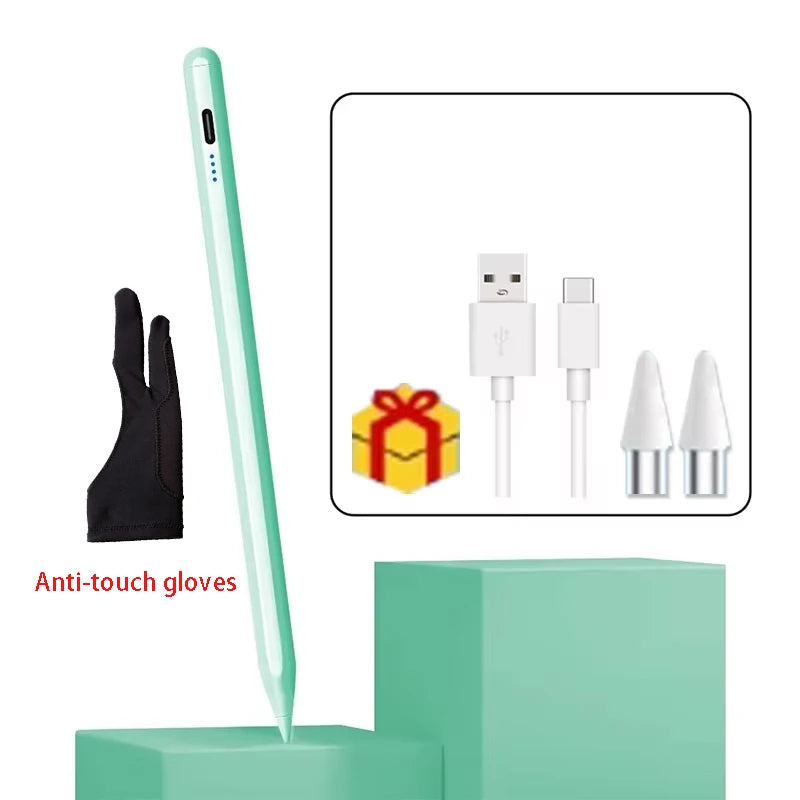 Un lápiz stylus verde junto a guantes anti-tacto y cables de carga sobre una superficie verde claro.