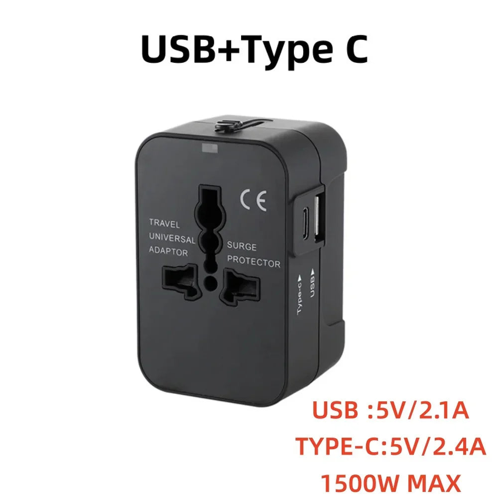 Schwarzer USB-auf-Type-C-Netzadapter mit Überspannungsschutz und maximaler Leistung von 1500W.