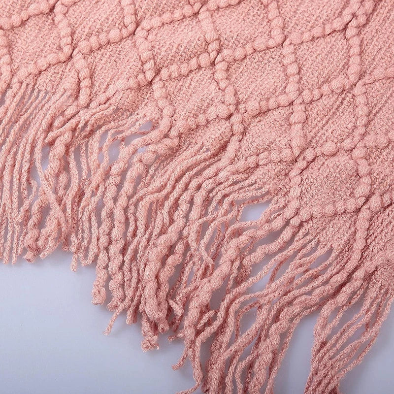 Khaki Knitted Throw Blanket with Tassels