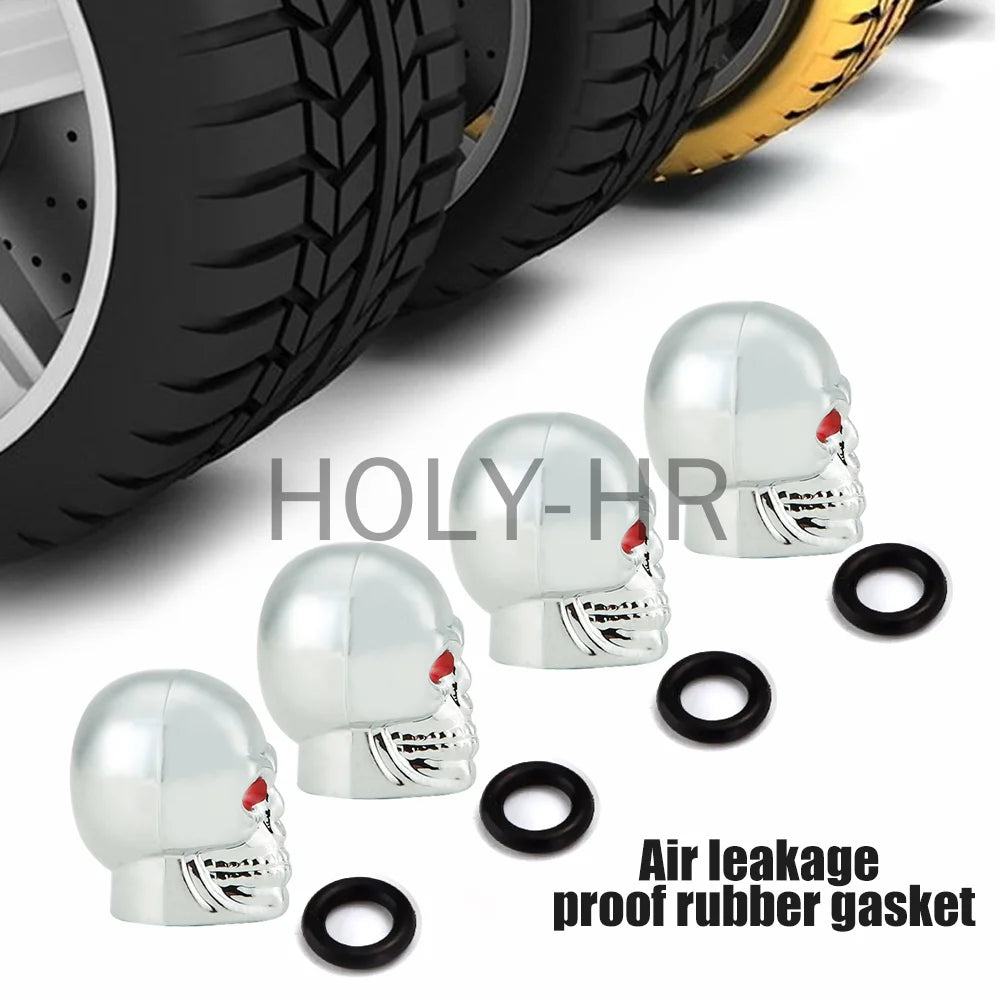 Set of four silver skull design rubber gaskets for tire valve stems and air leakage proof.