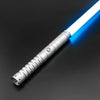 A silver lightsaber with a blue blade and an RGB heavy dueling lightsaber metal hilt