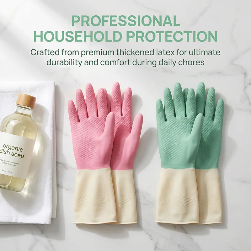 A set of pink and green disposable latex-free household protection gloves displayed on a white marble surface.