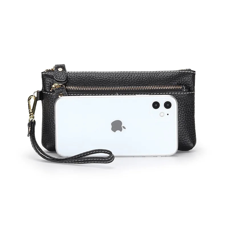 Genuine Cowhide Leather Long Wallet with Zipper Closure