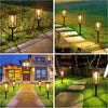 A row of solar path lights illuminates a garden walkway at dusk.