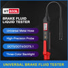A black digital brake fluid tester with a flexible hose and three-color backlight is shown.