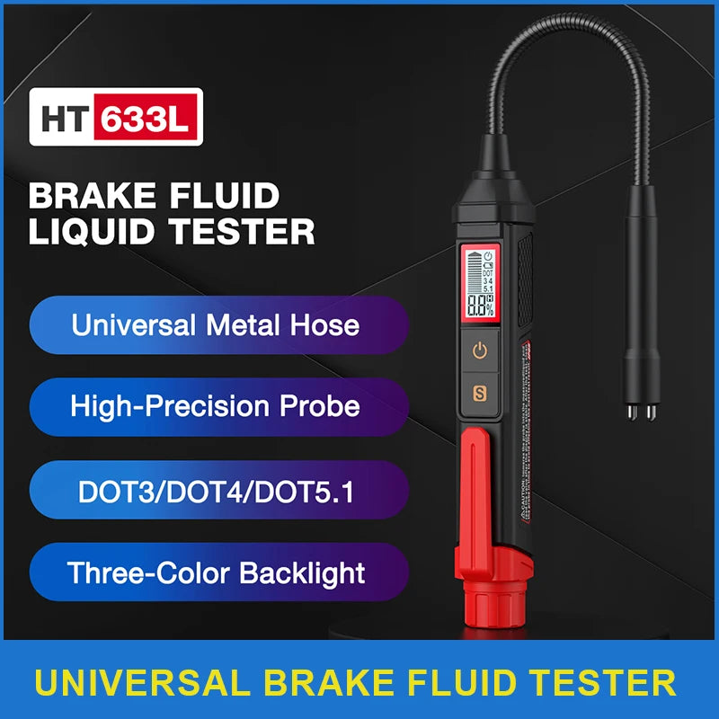 A black digital brake fluid tester with a flexible hose and three-color backlight is shown.