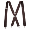 A pair of dark brown suspenders with metal clips shown against a white background.