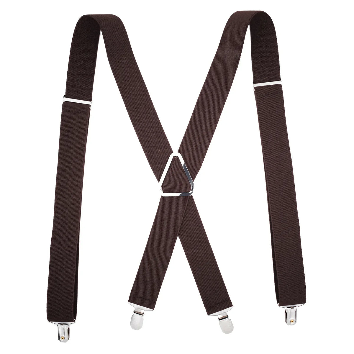 A pair of dark brown suspenders with metal clips shown against a white background.
