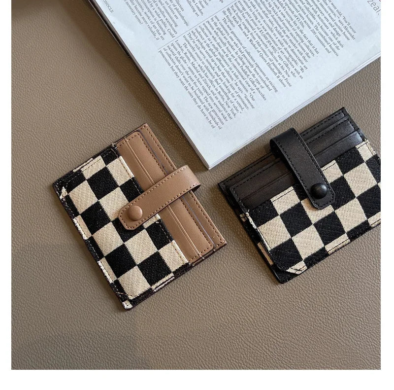 Checkered Canvas Card Wallet with Buckle Closure
