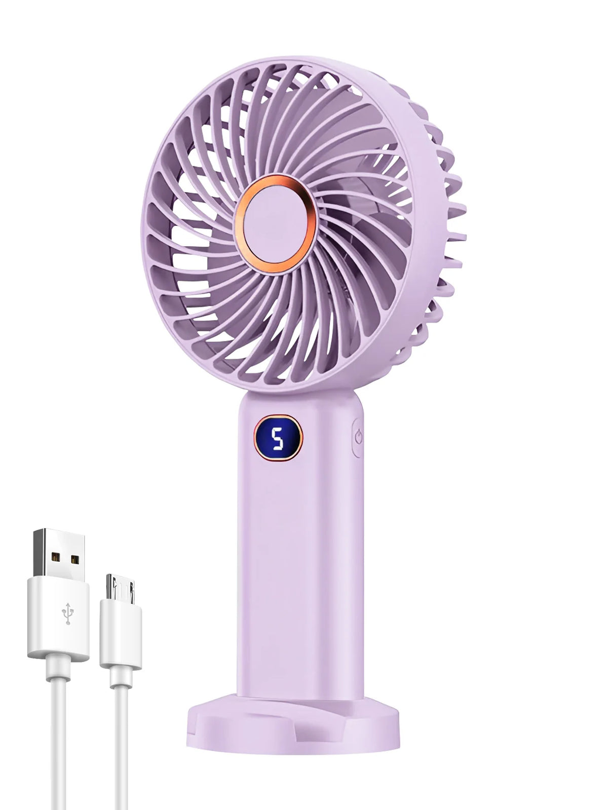 A purple portable rechargeable handheld fan with a circular grille and a digital display, shown next to its charging cable.