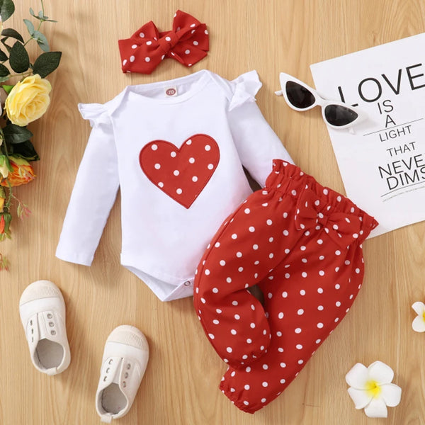 Adorable Heart Print Baby Girl Outfit Set (Romper, Pants & Headband)