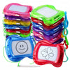 A stack of colorful mini magnetic drawing boards or keychains for kids