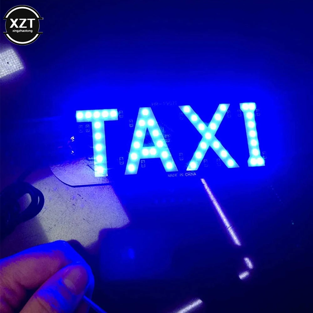 A close-up shot of a bright blue LED taxi indicator light illuminating the surface of a vehicle.