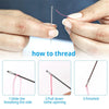 Demonstration showing how to thread a sewing needle using a pink thread.