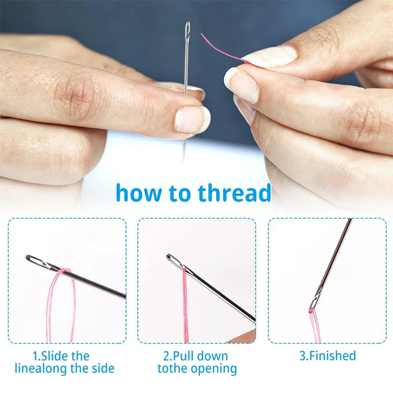 Demonstration showing how to thread a sewing needle using a pink thread.