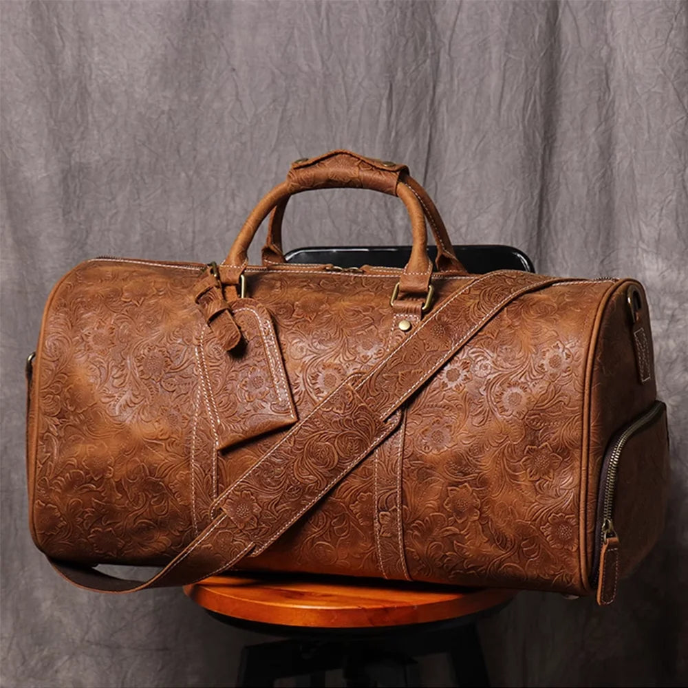 Vintage Embossed Leather Travel Duffle Bag