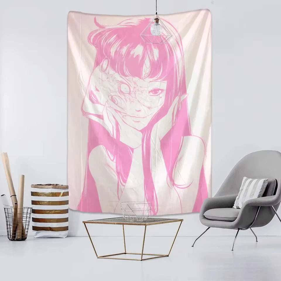 A pink and white tapestry featuring a stylized horror character resembling Tomie with intricate facial markings.