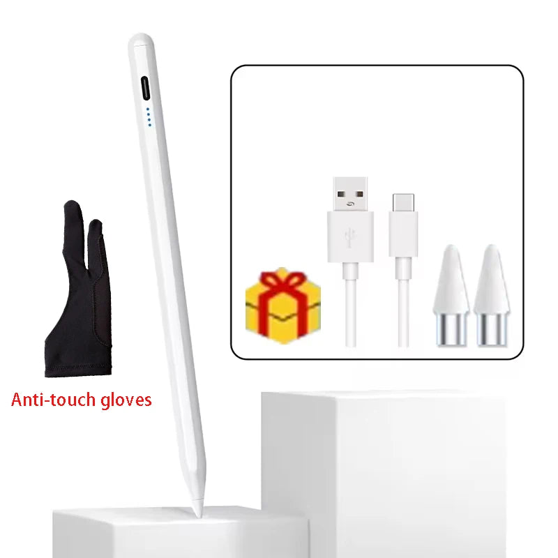Un bolígrafo stylus blanco de precisión junto a un par de guantes anti-tacto negros y cables de carga.