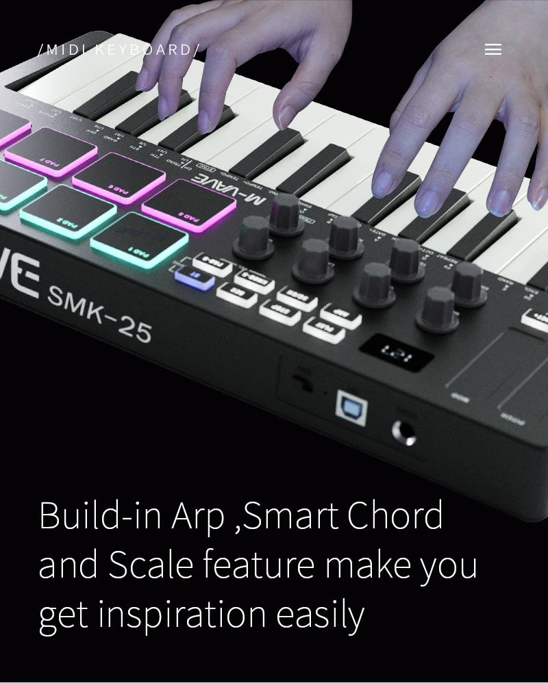 Portable 25-Key MIDI Controller with Pads and Wireless Connectivity