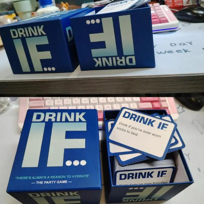 A box of Drink IF adult drinking game cards and a keyboard are displayed on a table.