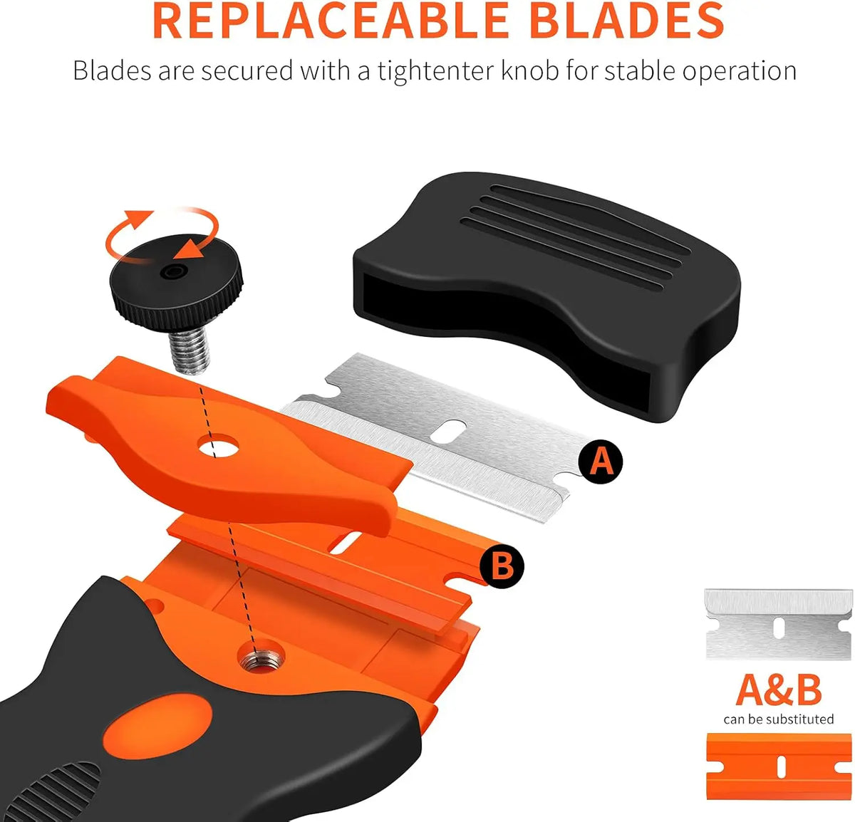 Close-up view of a multi-purpose razor blade scraper showing replaceable blades and securing knobs.