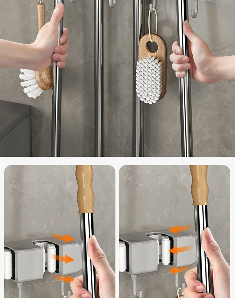 Wall-Mounted Mop and Broom Holder with Adhesive Mount