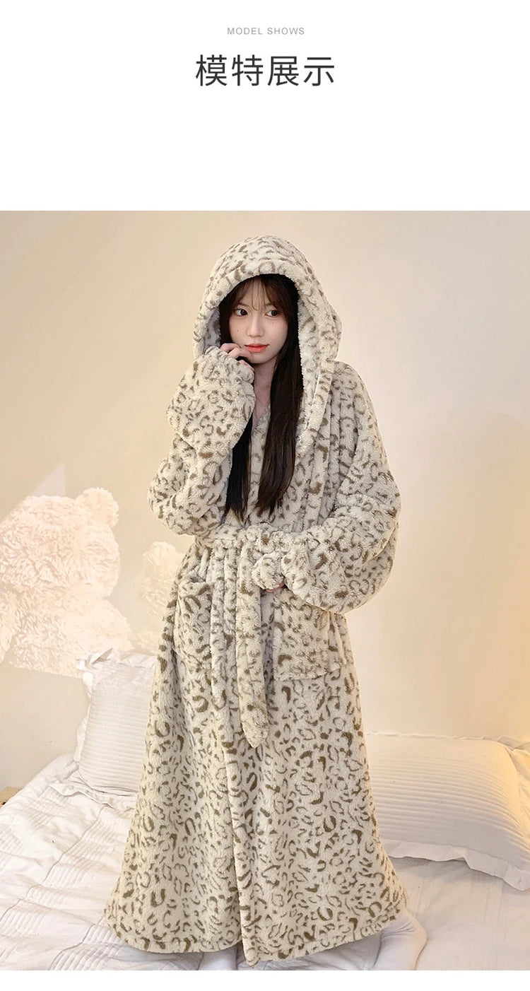 Women's Leopard Print Hooded Flannel Bathrobe
