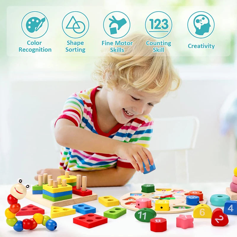 A child is playing with colorful wooden puzzles and educational toys, demonstrating fine motor skills and creativity.