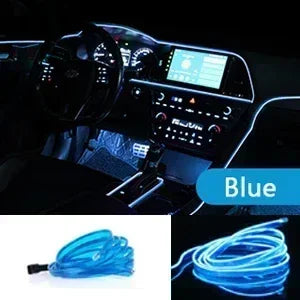 Flexible blue neon accent light strip coiled for use in cars and homes