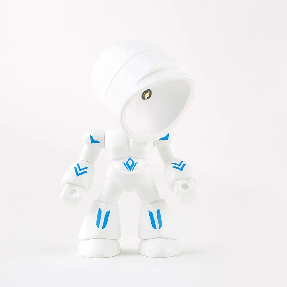 A white bendable robot night light with a soft glow, shown from the front.
